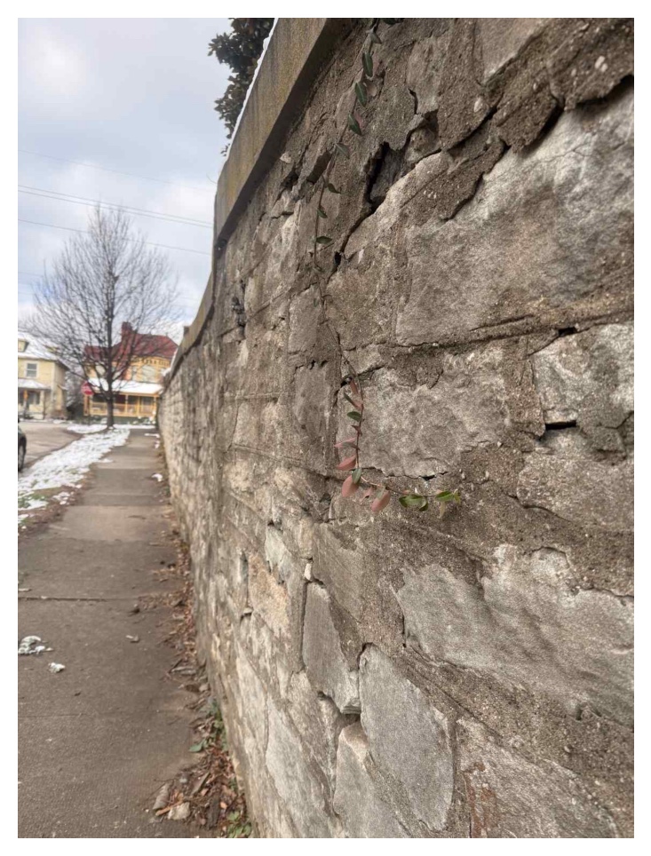Weathered stonework along the Sixth Street sidewalk